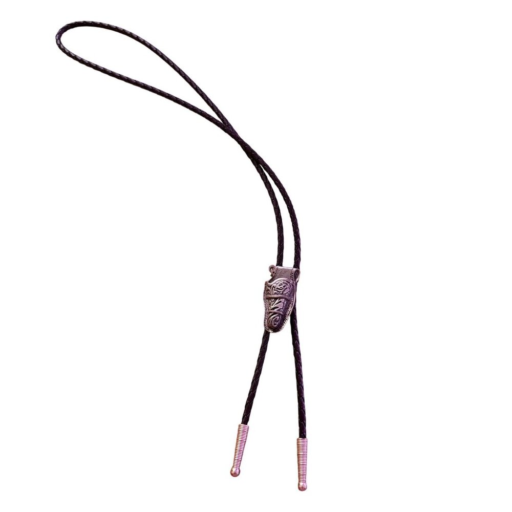 Vintage Silver Black Leather Empty Unarmed Holster Gun Control Bolo Tie - Picture 2 of 7